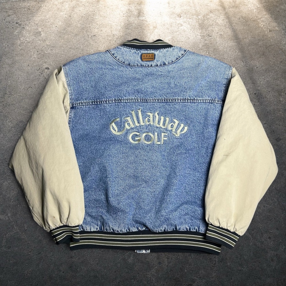 Vintage Callaway Golf Denim Varsity Bomber Jacket Gear For Sports Blue Tan L